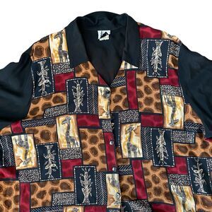 Tapestry Vintage Safari Giraffe Print Art Mixed Media Button Down Top Size L/XL